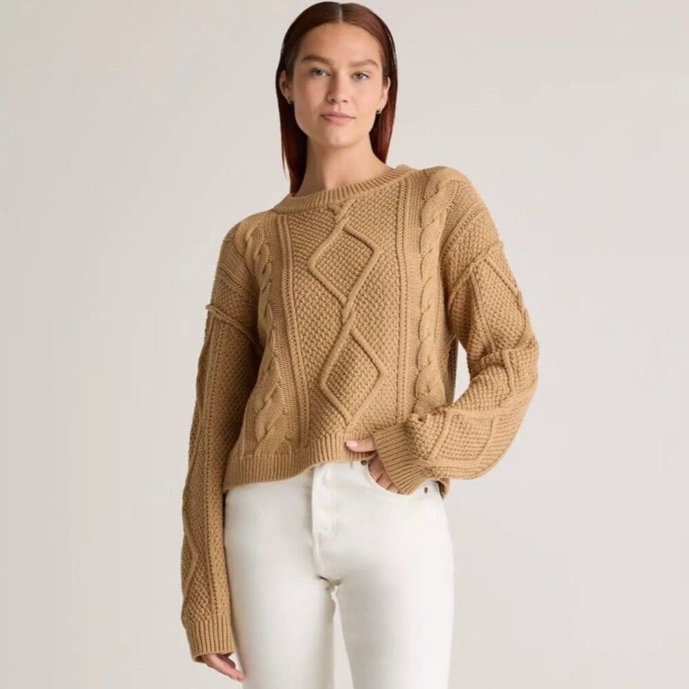 Quince 100% Organic Cotton Cropped Cable Knit Crew Sweater Camel Sz S Preppy